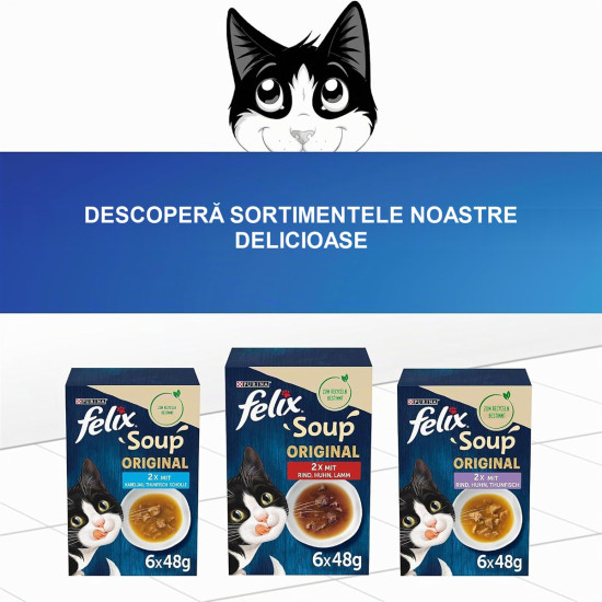 Felix Soup Original – hrană umedă complementară pentru pisici adulte, cu vită, 6 x 48 g